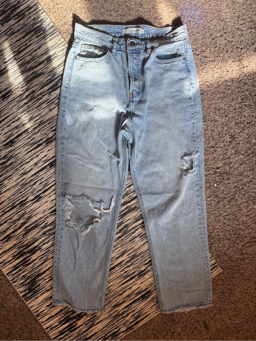 Hidden Light Blue Distressed Boyfriend Jeans - Casual High-Rise